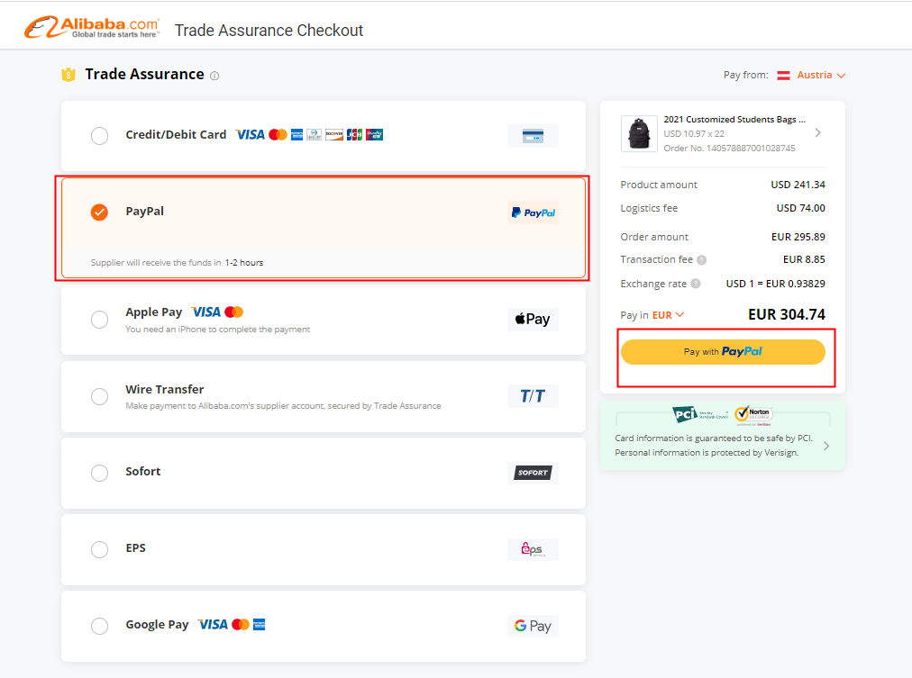 Alibaba pay with Paypal