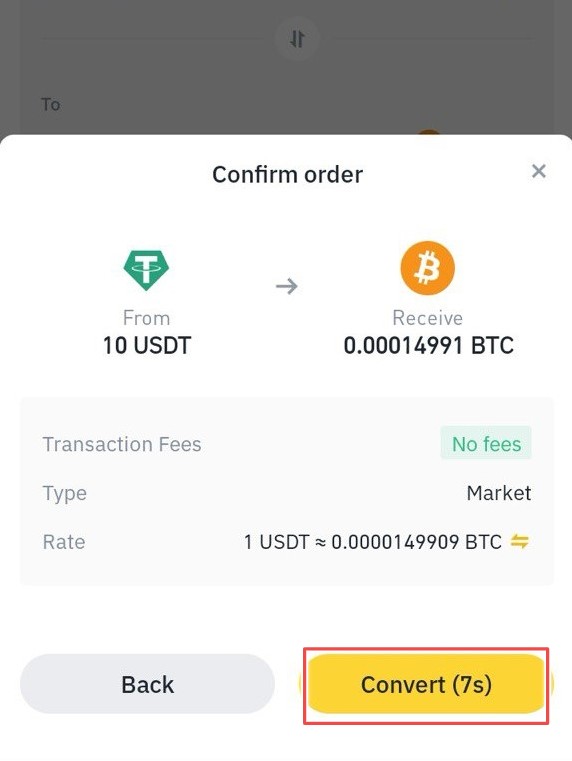 Binance app convert USDT to BTC confirm order