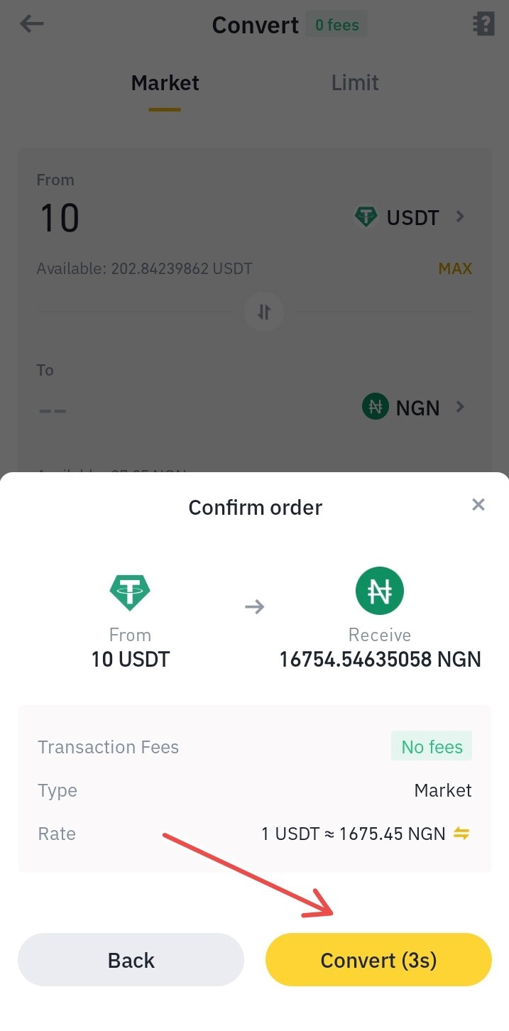 Preview conversion of USDT to NGN on Binance Lite