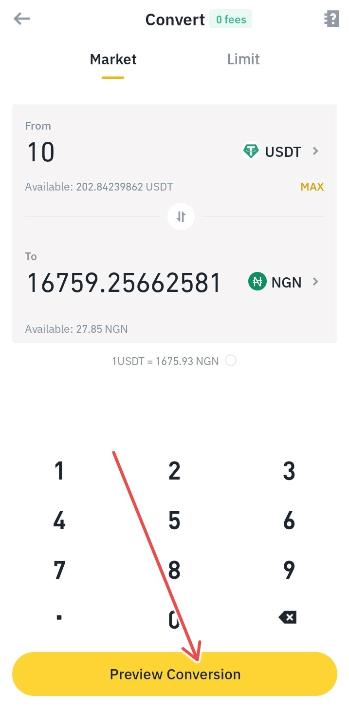 Preview conversion of USDT to NGN on Binance Lite