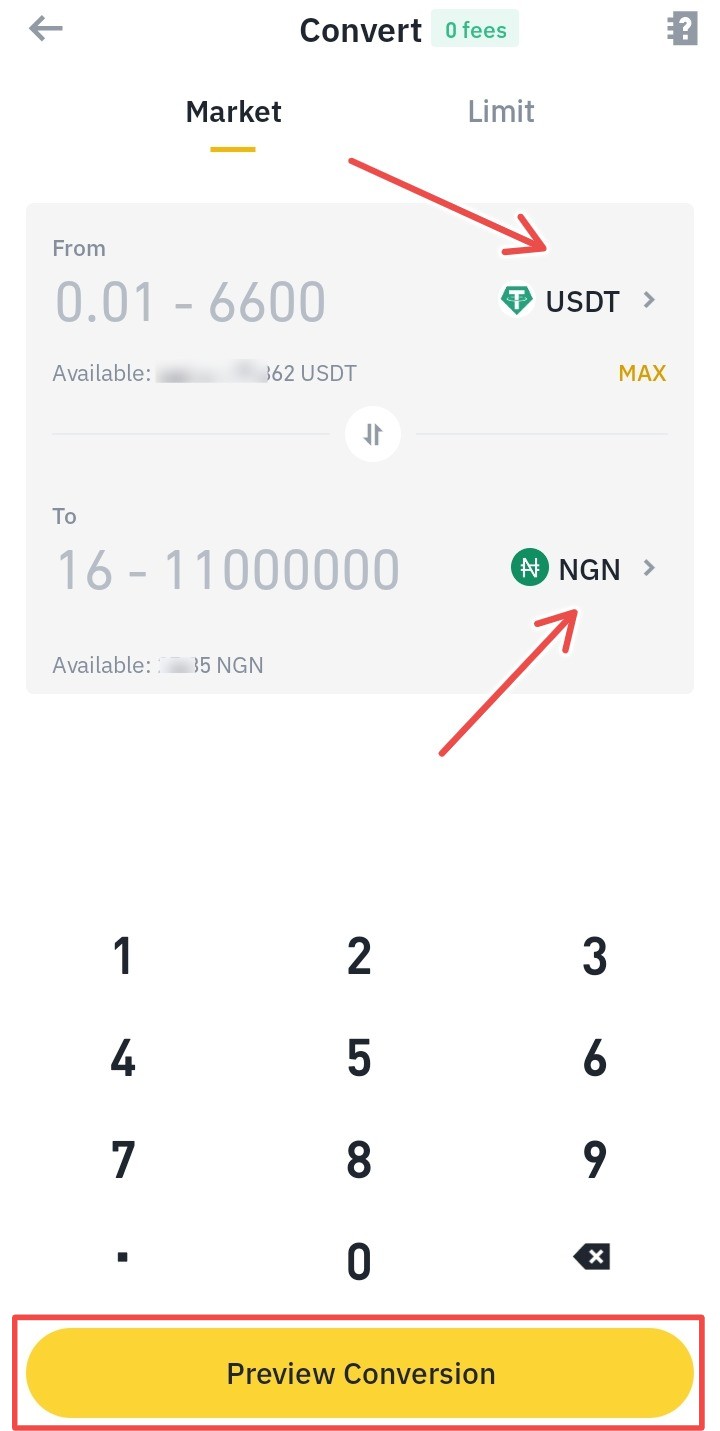 Convert USDT to NGN on Binance Lite iOS