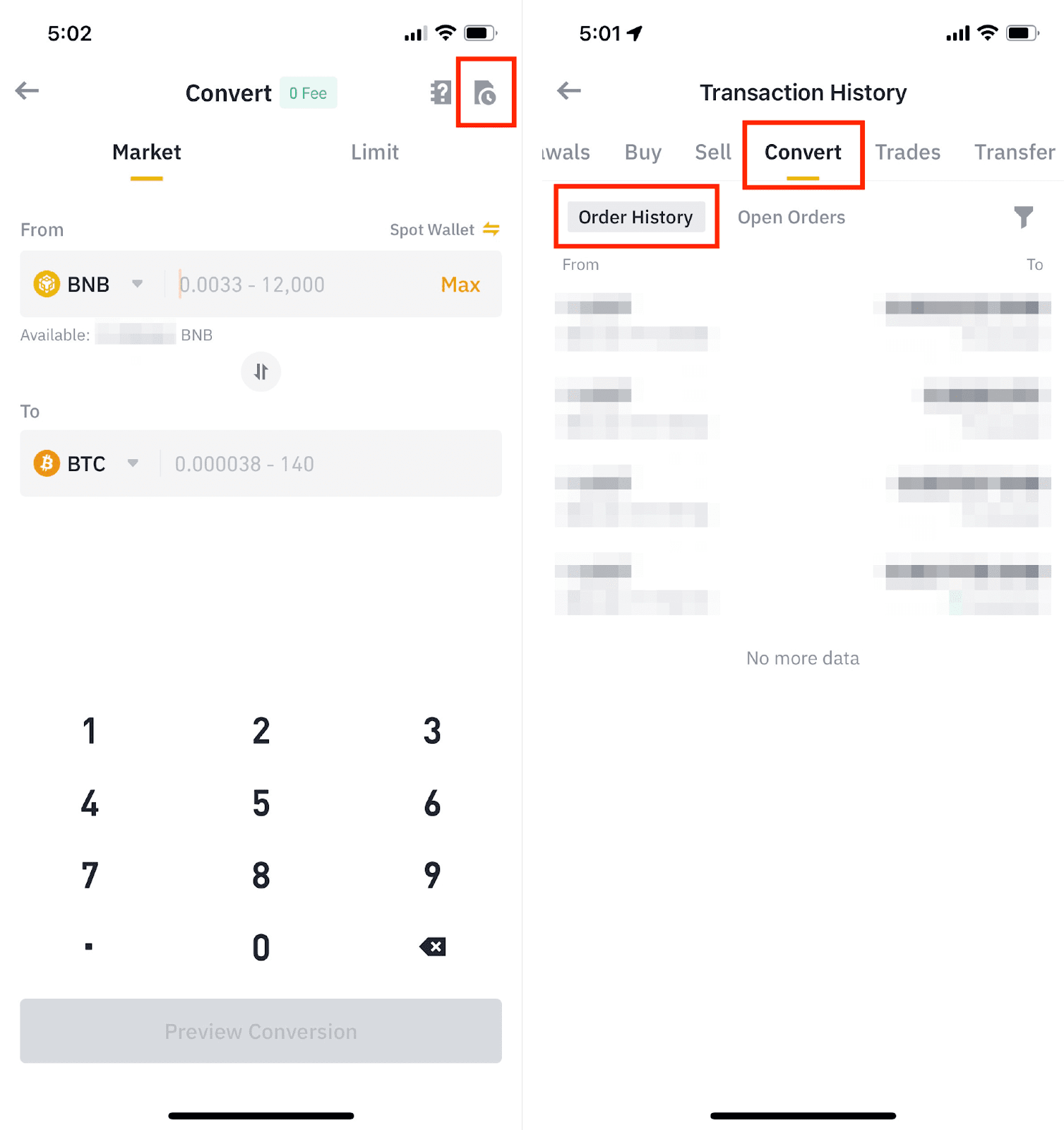 Convert history on Binance Lite iOS