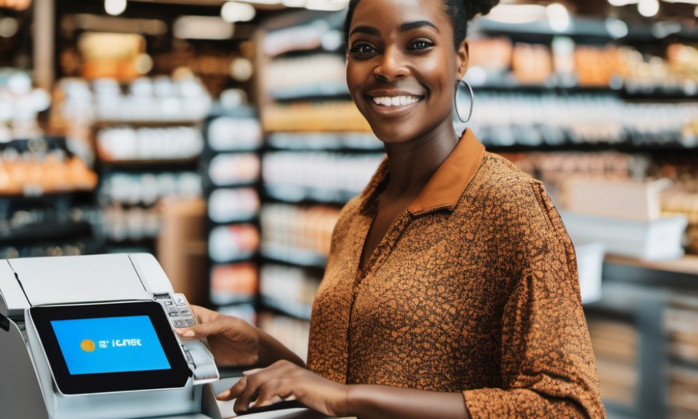 A Nigeria woman standing close to a Point of Sale device