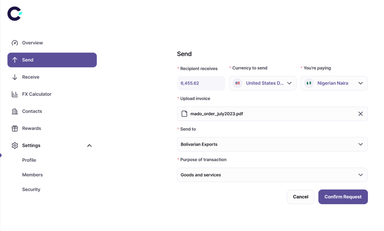 Cedar Money Send Dashboard