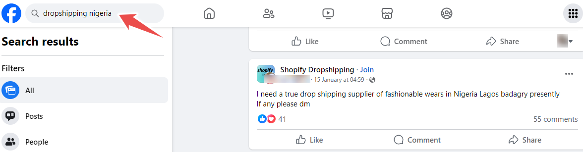 Facebook search dropshipping