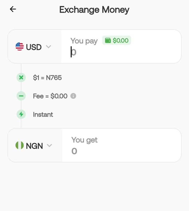 Payday USD to NGN swap screen in App